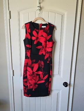 Calvin Klein Black Midi Dress with Red Floral Print